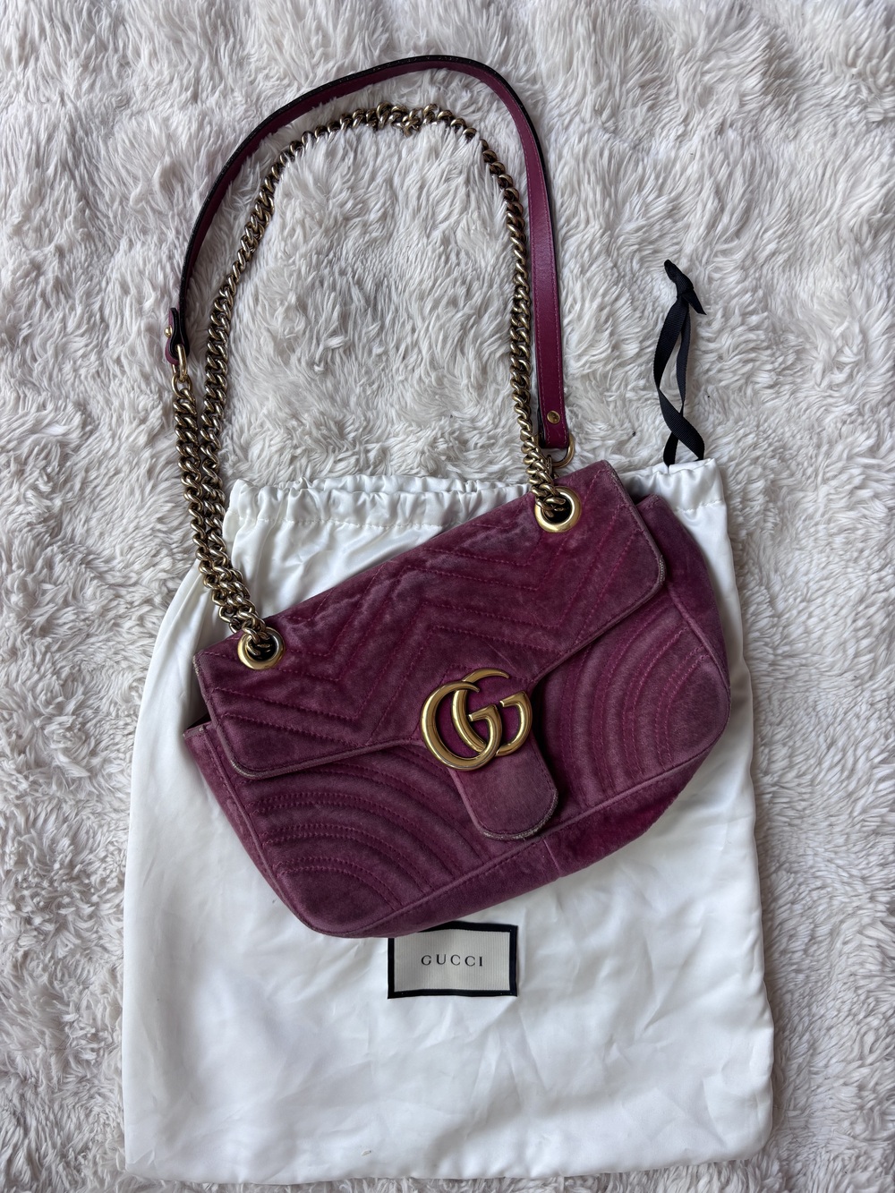 Gucci GG Marmont Small Pink Velvet Matelassé Shoulder Bag with Dust Bag